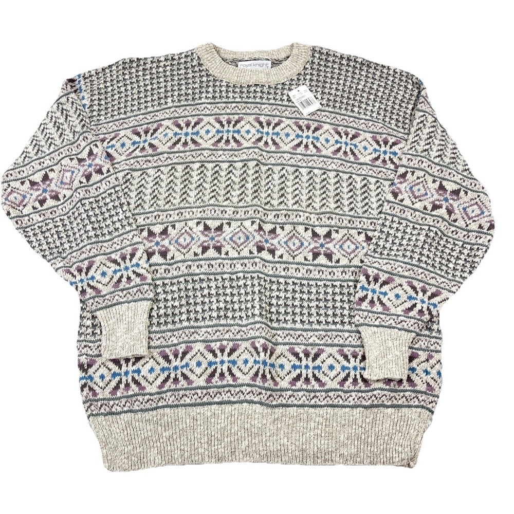 Vintage Grandpa Sweater Men XL Tan Crewneck Pullover 90s Y2K USA Geometric